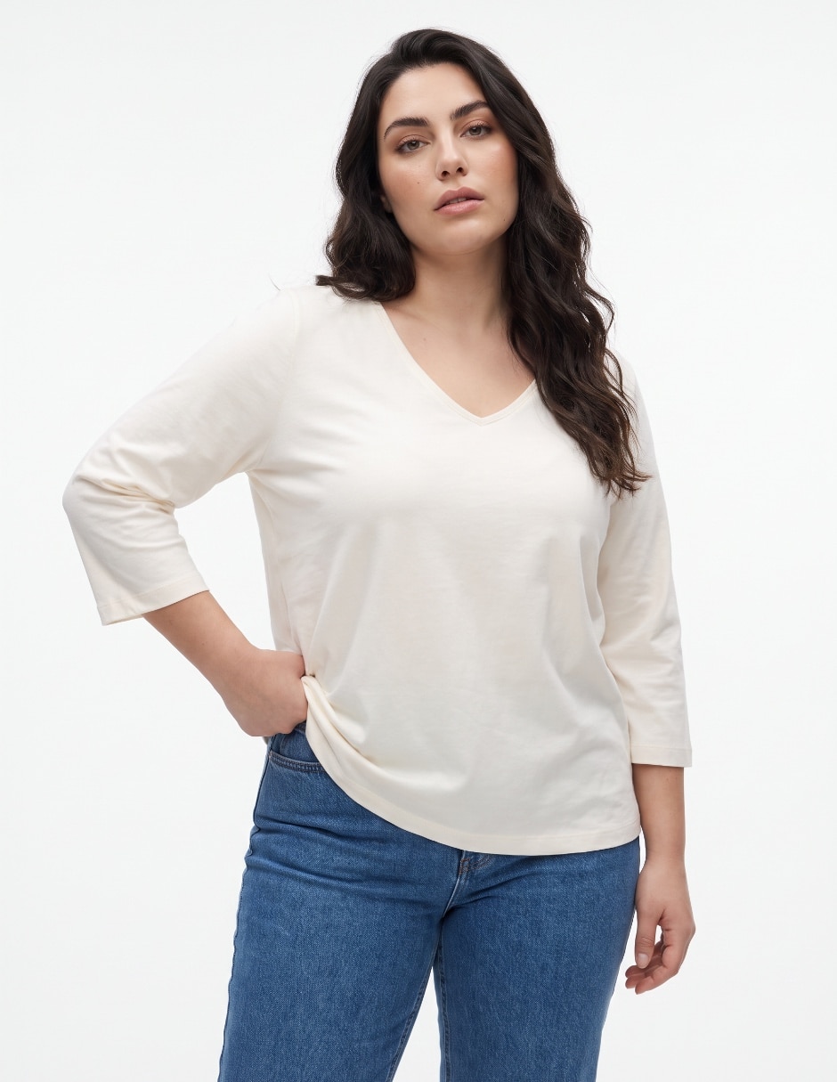 Playera manga 3/4 cuello v mujer